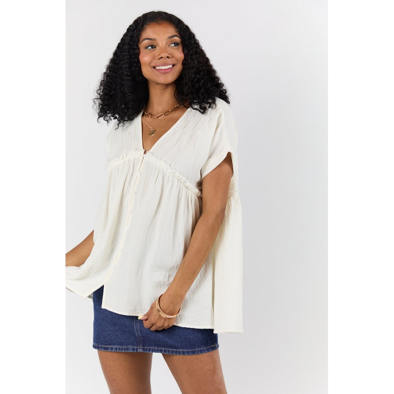If I Knew Ivory Gauze Button Detail Short Sleeve Top