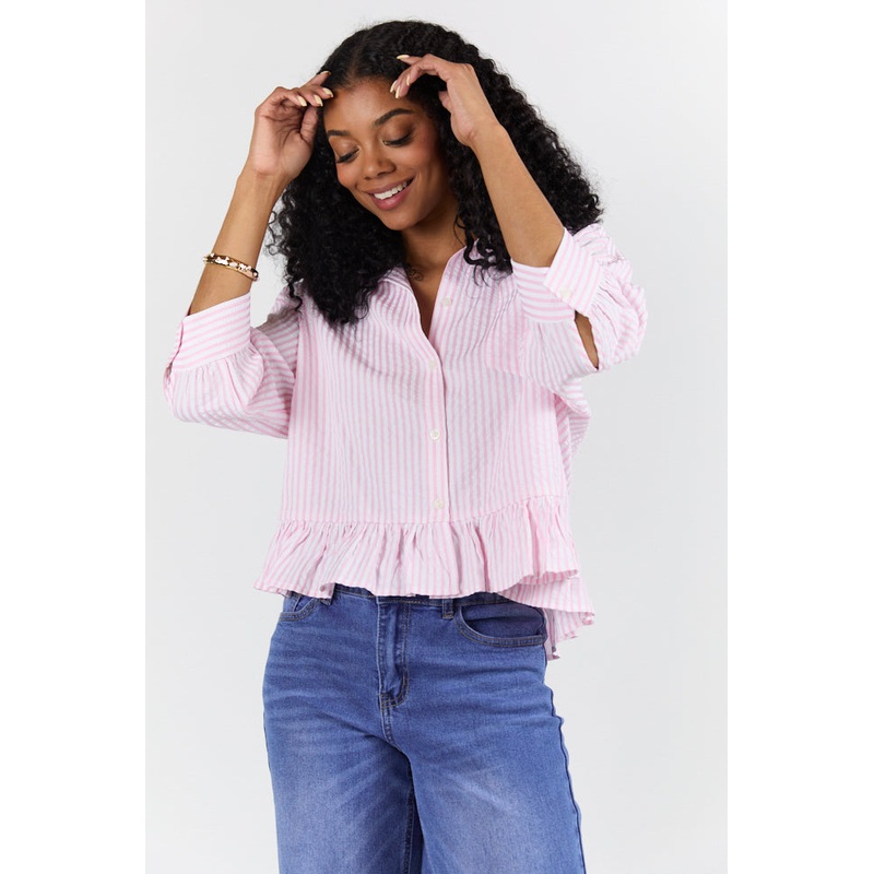 In Depth Pink Ruffle Hem Textured Stripe Button Down Top