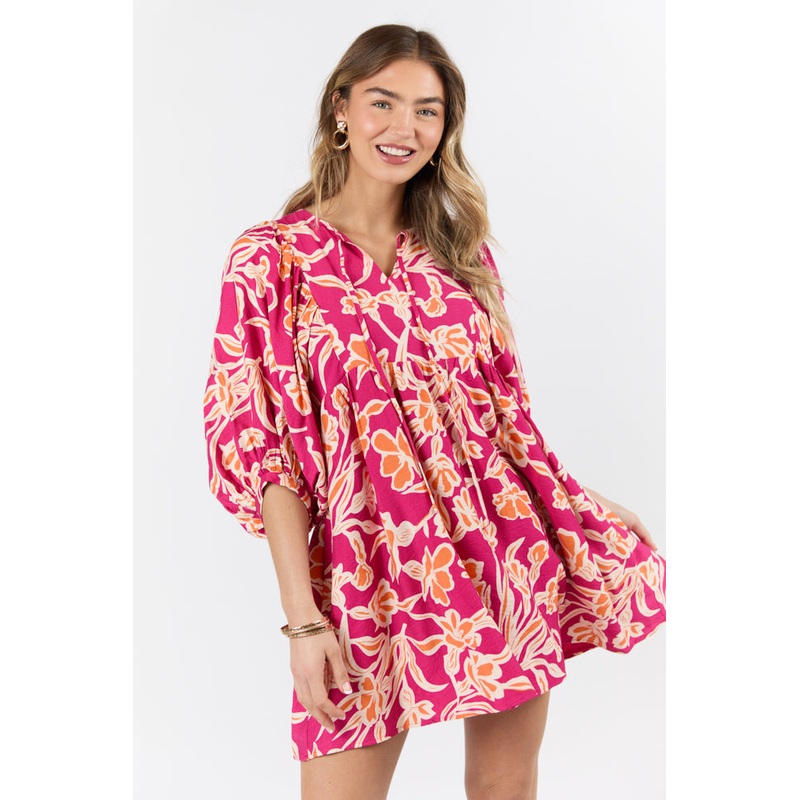 Keep The Flowers Fuchsia Floral Print Long Sleeve Mini Dress