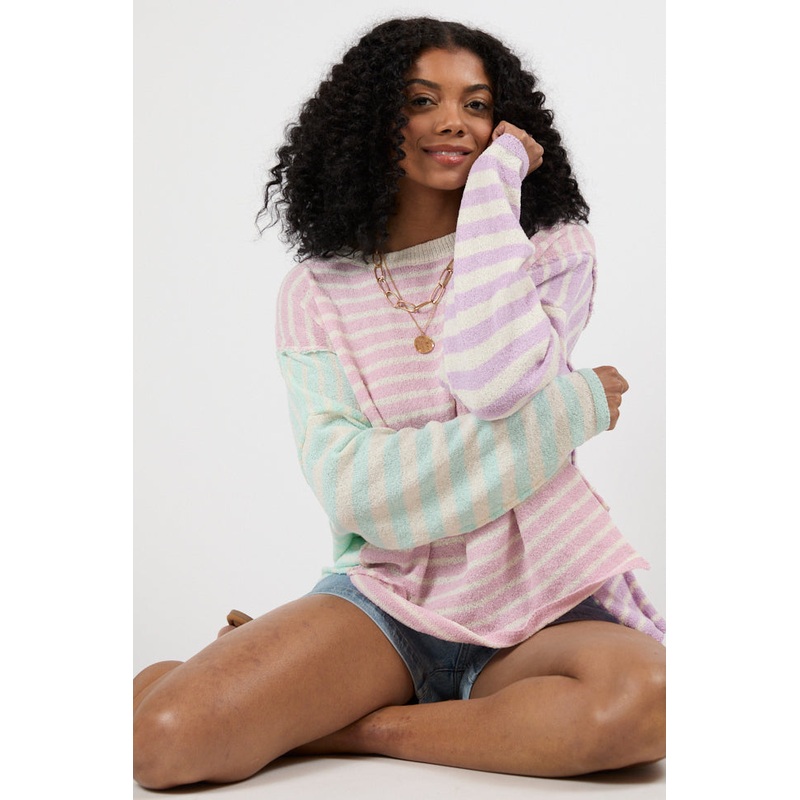 Kind Hearts Colorblock Mint/Pink/Purple Multi Stripe Sweater