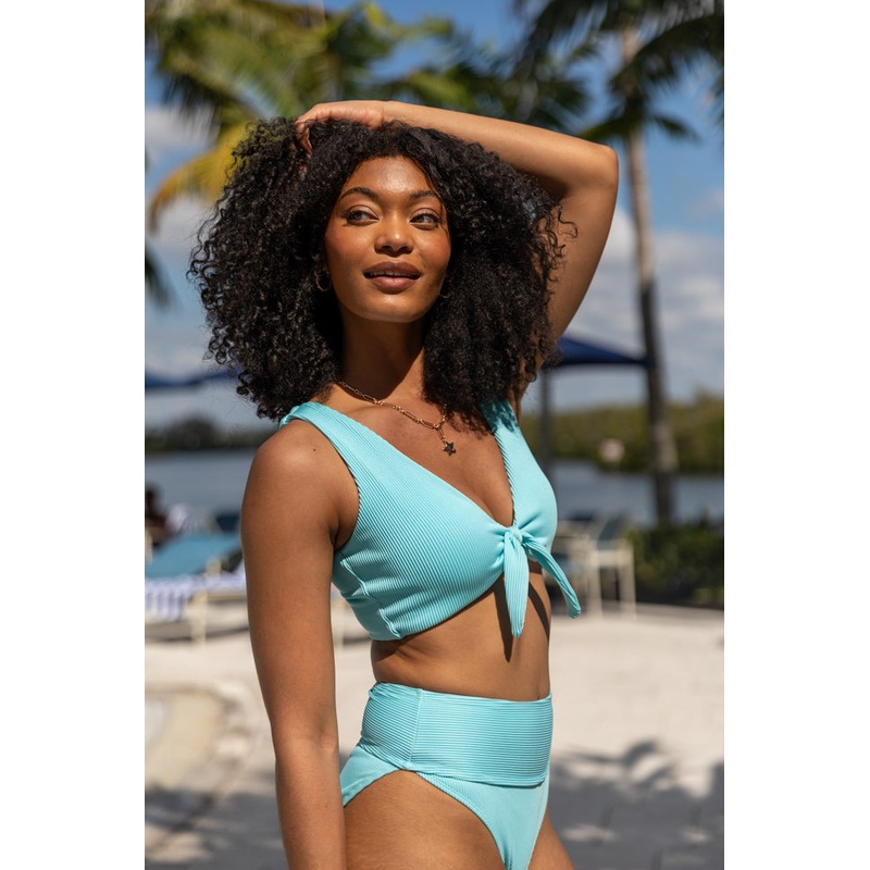 Living The Life Blue Front Tie Ribbed Bikini Top FINAL SALE
