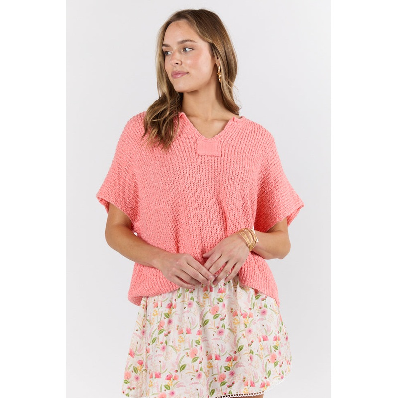 Make Waves Coral Short Sleeve Textured Lightweight Sweater