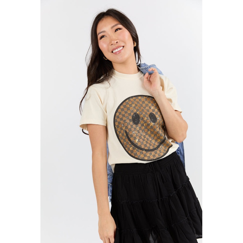 Neutral Checkered Smiley Ivory Graphic Tee