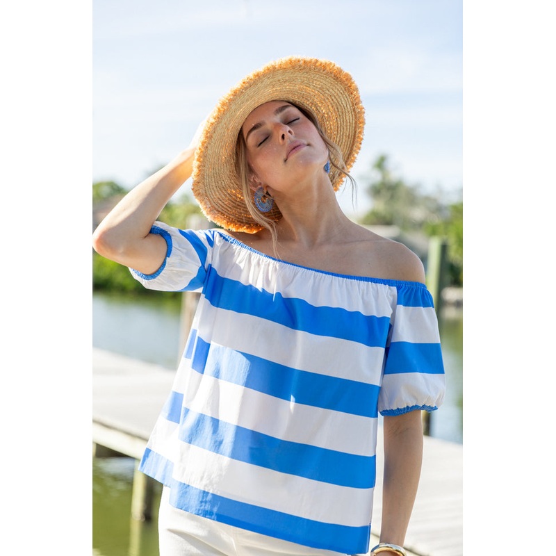 Never Want To Leave Blue Oversized Stripe Off The Shoulder Top FINAL SALE