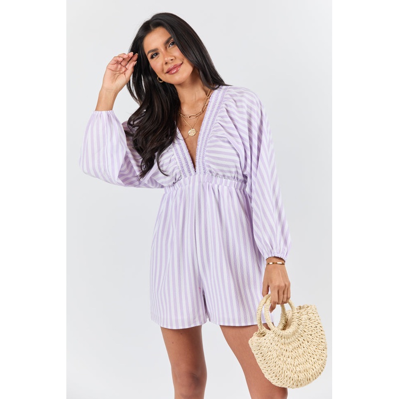 New Adventures Lilac Striped V-neck Romper