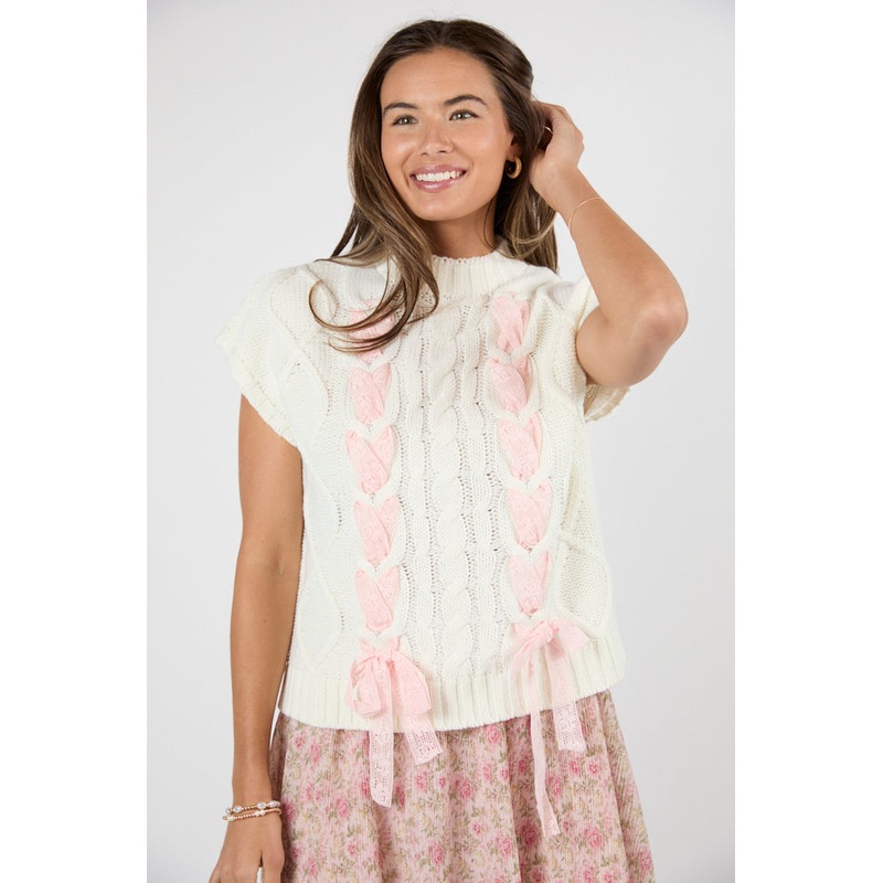 No Complaints Here Ivory and Pink Cable Knit Lace Bow Detail Sweater