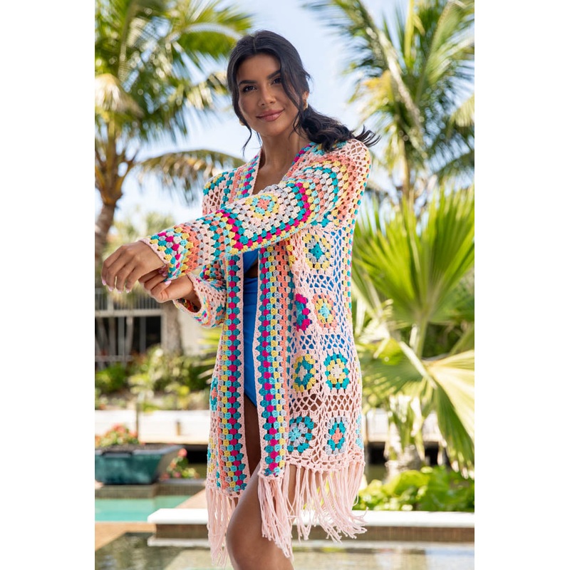One Last Day Multi Crochet Fringe Hem Cardigan