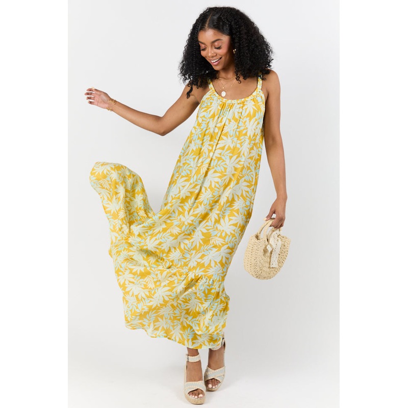 Painting The Sky Yellow Leaf Print Maxi Dress