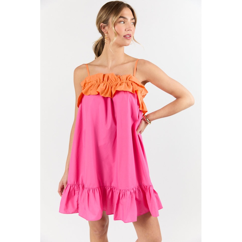 Quick Updates Pink and Orange Ruffle Detail Two Tone Mini Dress