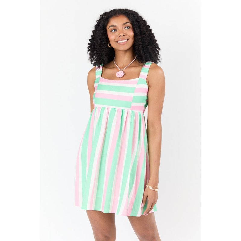 All My Life Pink and Green Striped Mini Dress