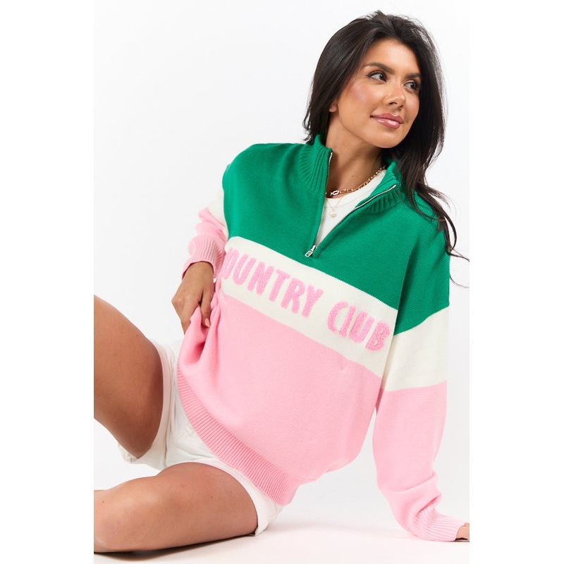 Country Club Green and Pink Multi Color Block Quarter Zip Sweater