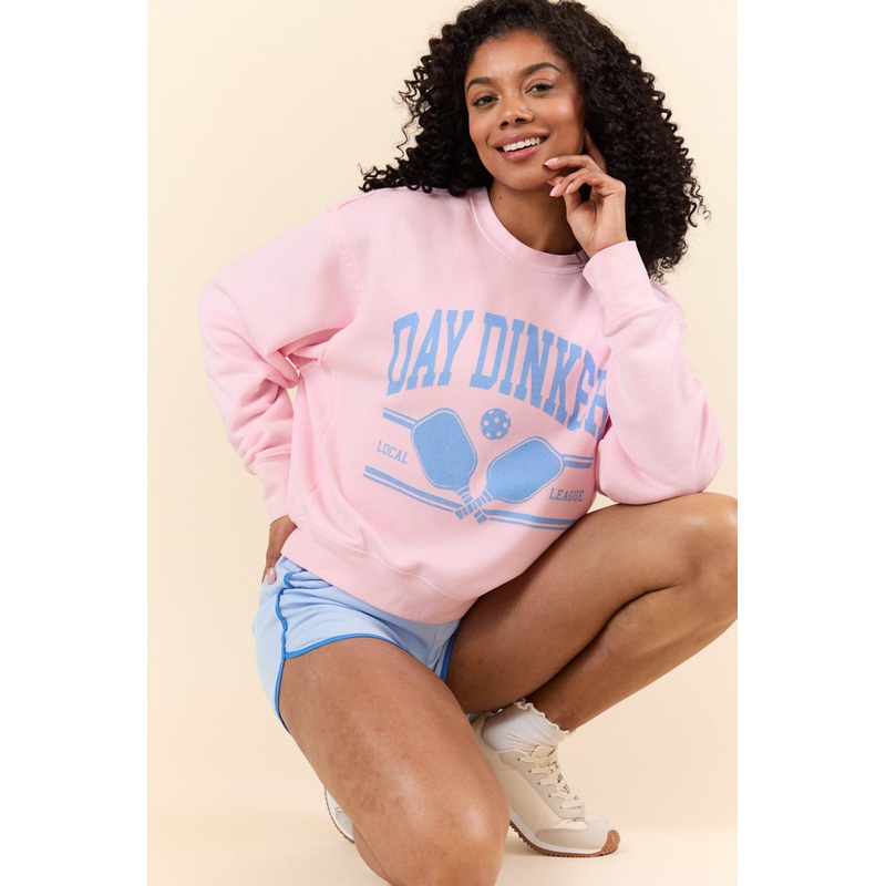 Day Dinker Soft Pink Raw Hem Fleece Graphic Sweatshirt