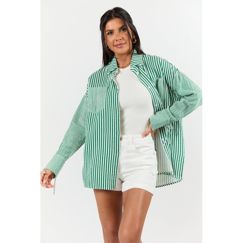 Daybreak Dreams Green Gauze Multi Stripe Button Down Top