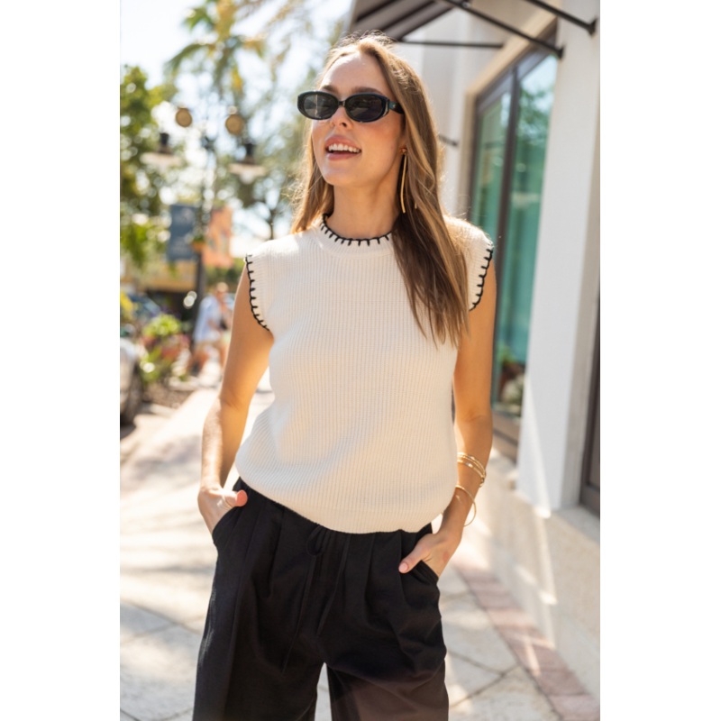 Dusk To Dawn Cream and Black Whipstitch Hem Short Sleeve Sweater FINAL SALE