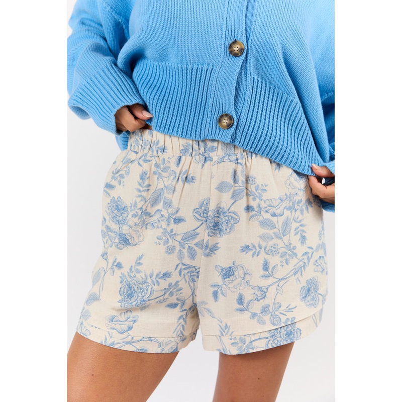 Early Evening Blue Floral Print Linen Blend Pull On Shorts