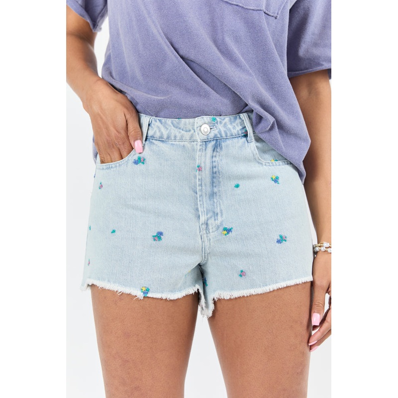 Faded Gardens Light Wash Floral Embroidered Denim Shorts