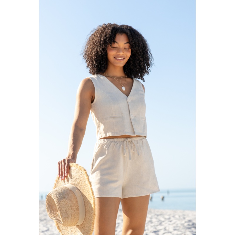 Here and There Linen Vest and Pull On Short Set