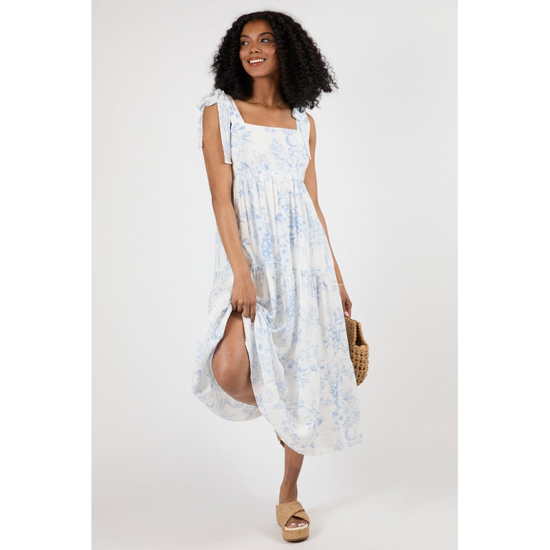 High Tide Touch Blue and Ivory Fruit Icon Printed Midi Dress