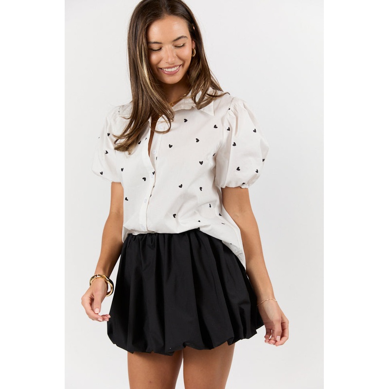 I Do Love You Ivory and Black Heart Print Short Sleeve Button Down Blouse FINAL SALE