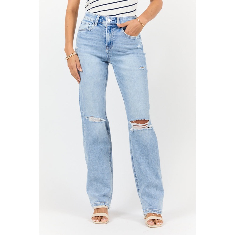 Jess Medium Wash High Waisted Distressed Straight Leg Jeans