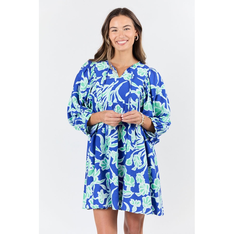 Keep The Flowers Blue and Green Floral Print Long Sleeve Mini Dress