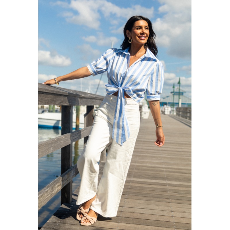 Key To Style Blue Striped Tie Front Collared Blouse