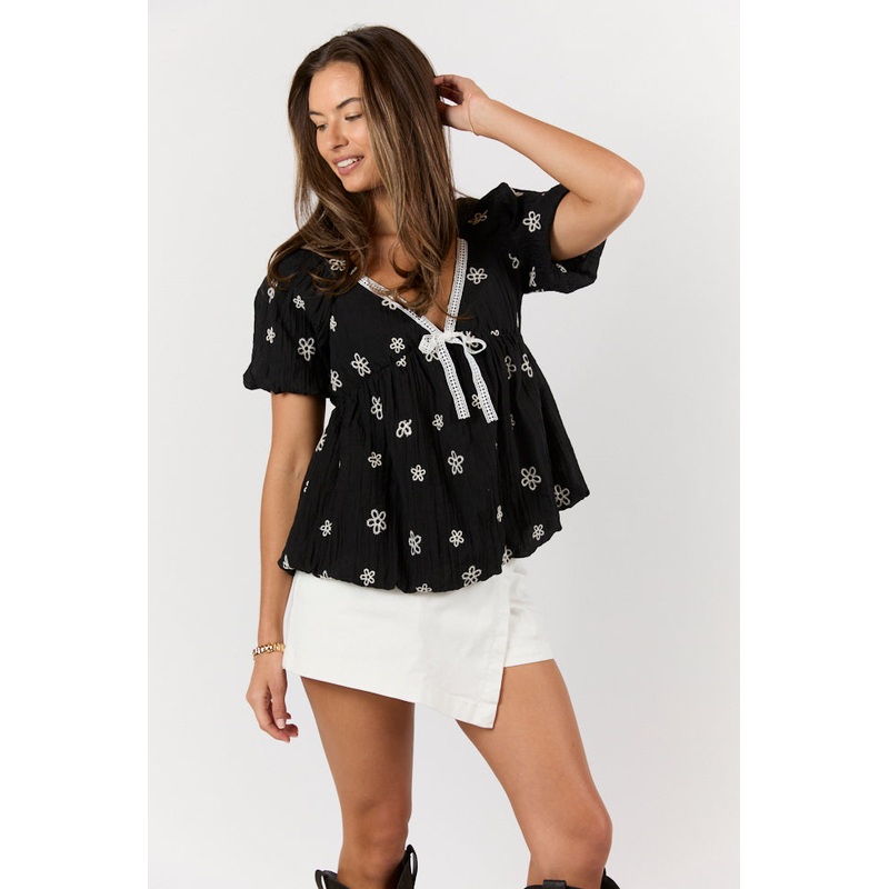 Lovely Thoughts Black Embroidered Floral Bubble Hem Blouse