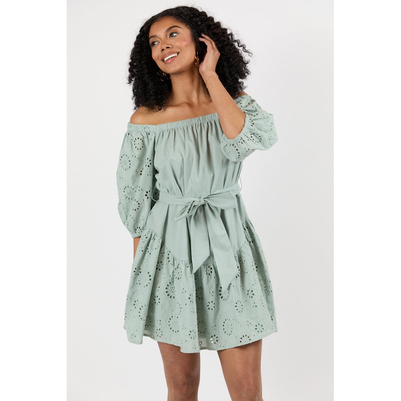 Set The Sage Eyelet Off The Shoulder Dress