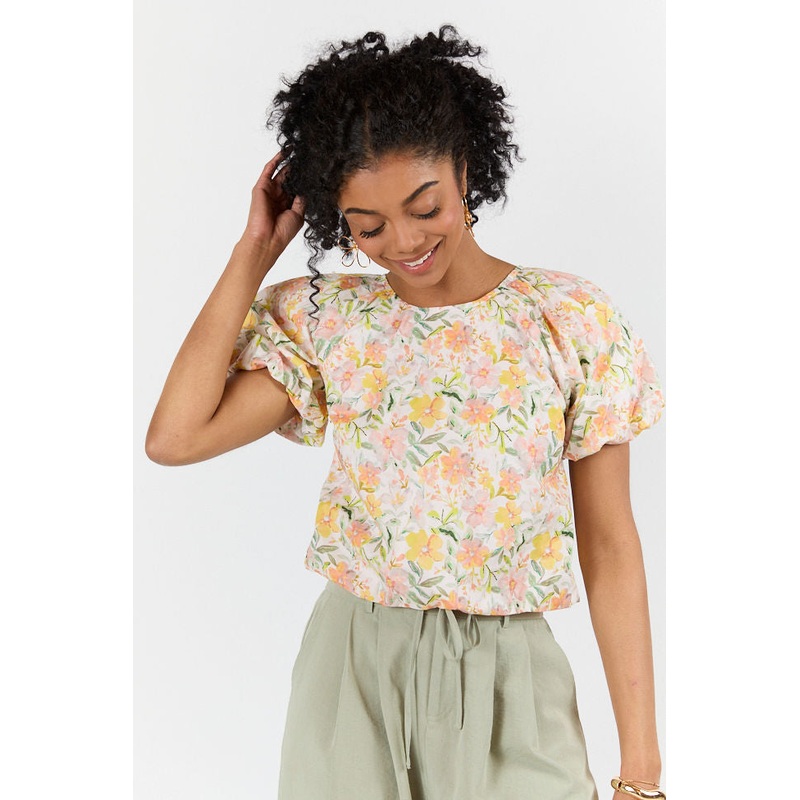 Summer Solstice Yellow Bubble Hem Woven Floral Blouse