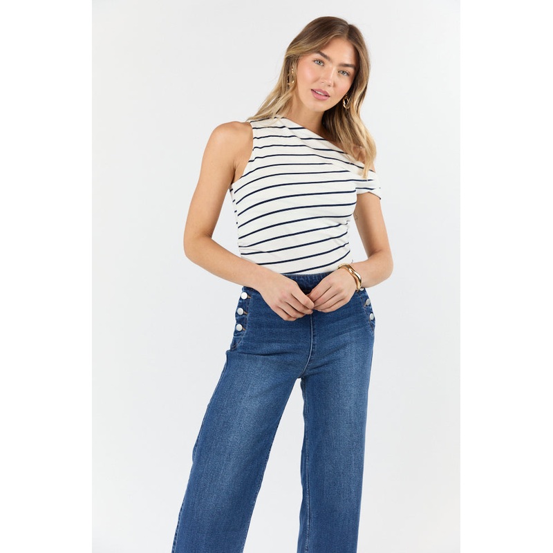 Twilight Tides Ivory and Navy Stripe Twisted Off The Shoulder Knit Top