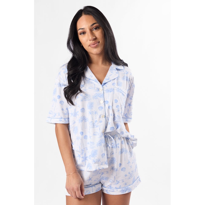 Under the Stars Blue Coastal Toile Short Sleeve Pajama Top