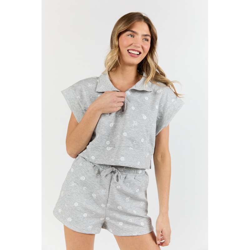 What A Catch Grey Floral Embroidered Half Zip Top