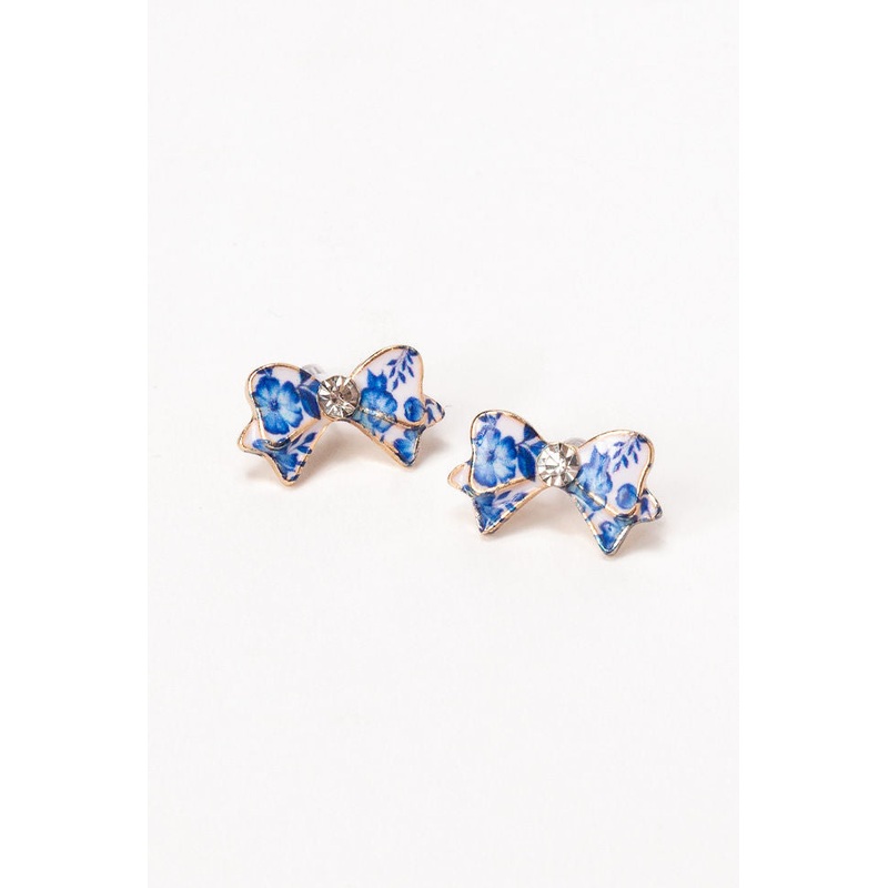 Blue Floral Printed Bow Earrings