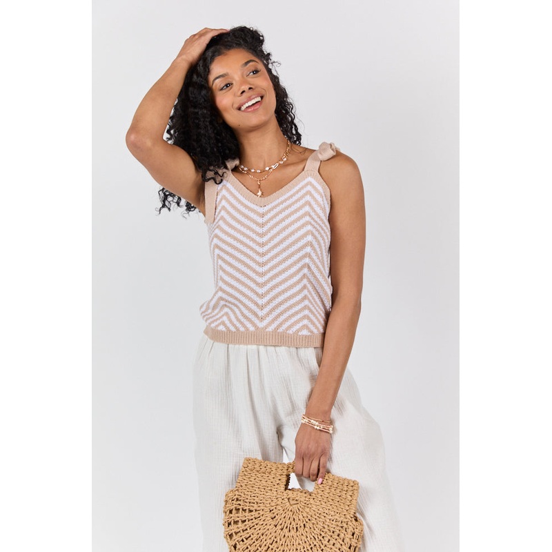 Chevron Smiles Beige and Ivory Tie Sleeve Sweater Tank
