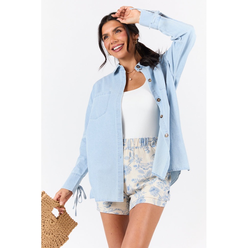 Different Plans Light Wash Chambray Button Down Blouse