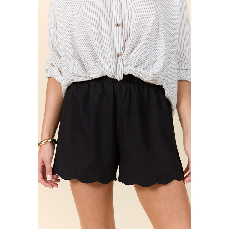 Elegant Edge Black Scalloped Trim Pull On Shorts