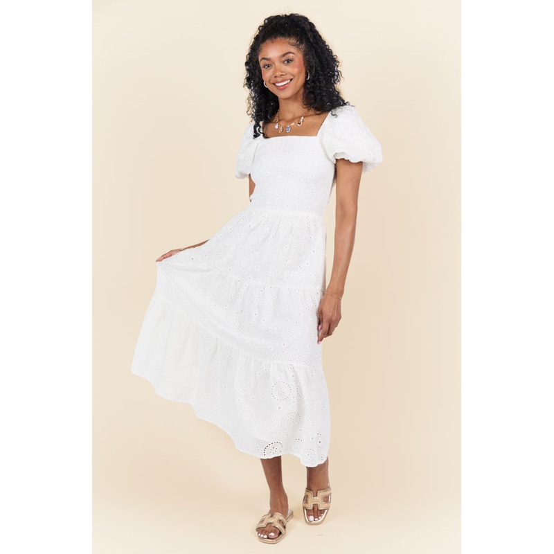 Forget Me Not White Eyelet Short Sleeve Midi Dress