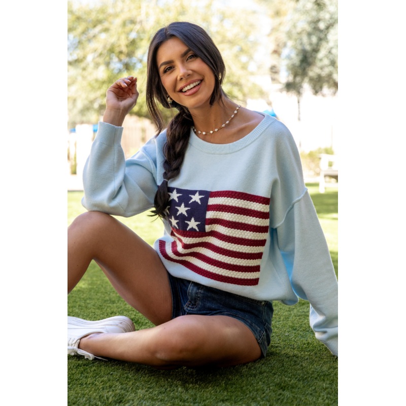 Home Of The Free Light Blue Textured Flag Sweater