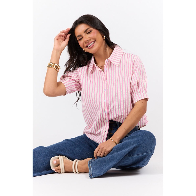 Just For Fun Pink Striped Button Down Short Sleeve Top