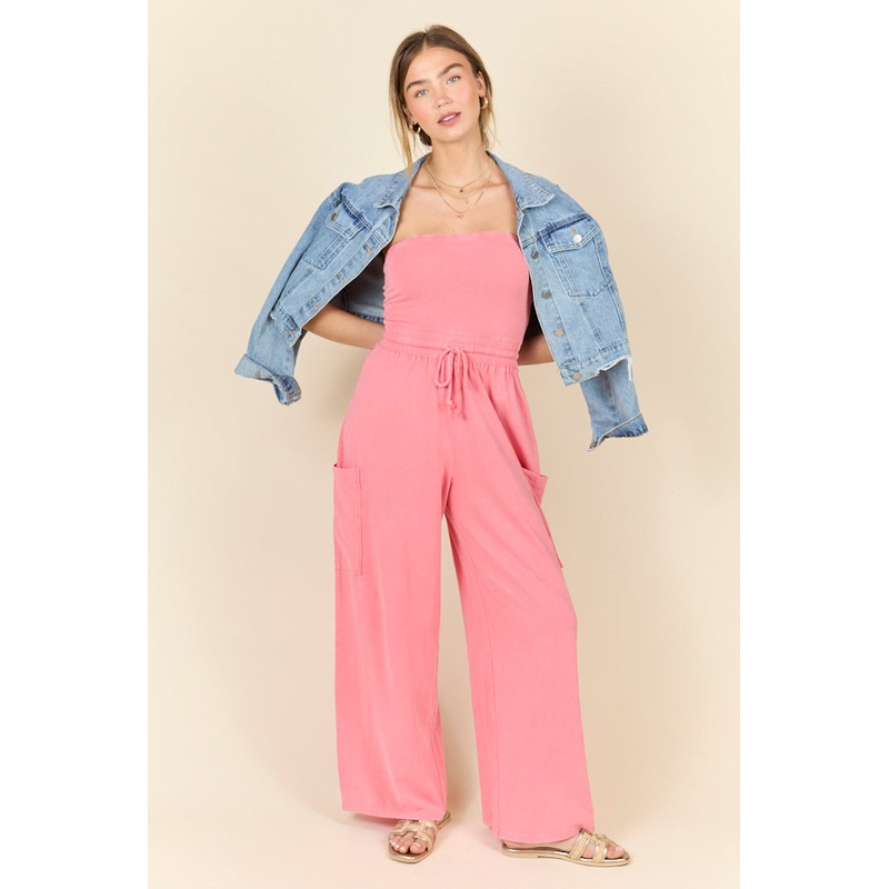 Kind Energy Coral Strapless Knit Jumpsuit