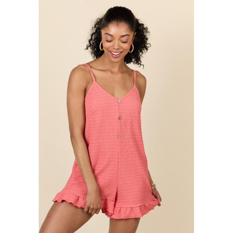 Last Summer Coral Ruffle Hem Romper