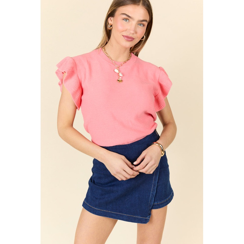 Make A Statement Coral Ruffle Short Sleeve Sweater