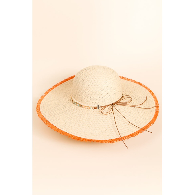 Natural Orange Fringe Trim Straw Hat