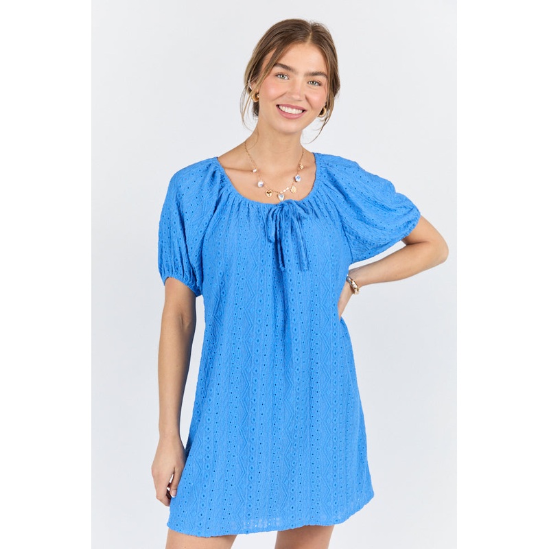 On A Whim Blue Knit Eyelet Short Sleeve Dress