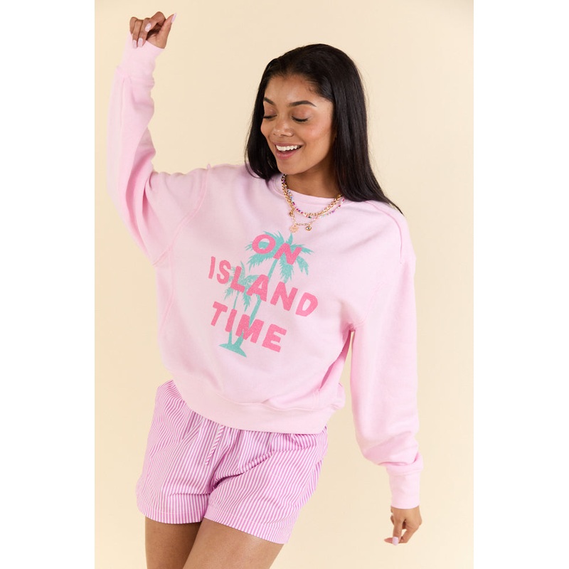 On Island Time Soft Pink Raw Hem Fleece Graphic Sweatshirt