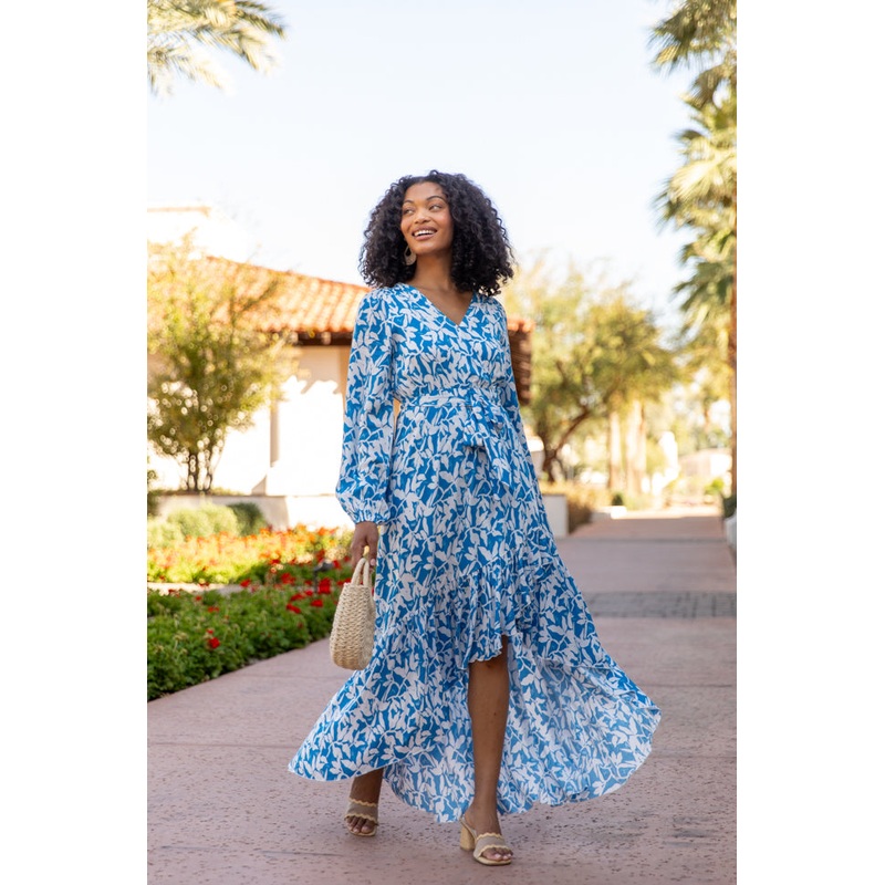 Palmetto Paradise Blue and White Long Sleeve Maxi Dress