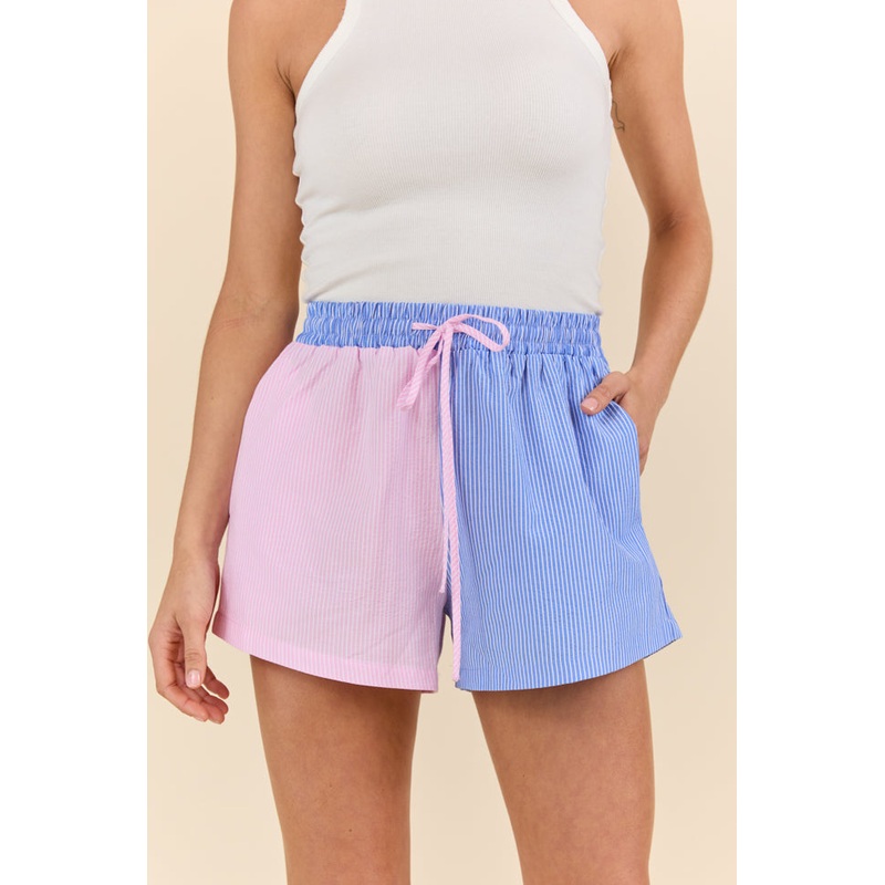 Perfect Days Blue and Pink Colorblock Striped Lounge Shorts