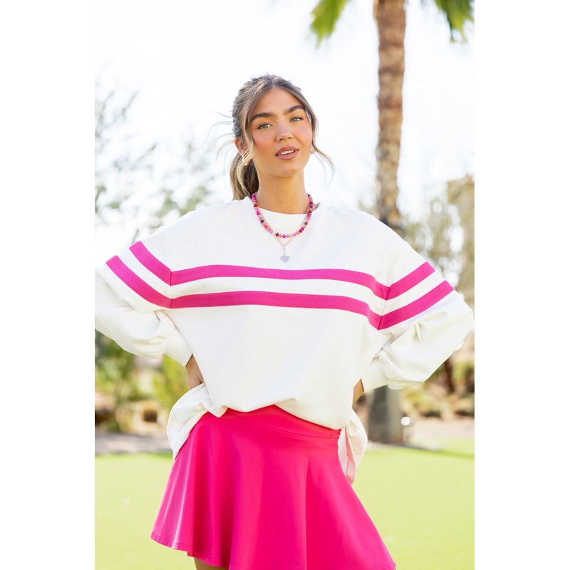 Power Moves White and Hot Pink Striped Oversized Sweatshirt