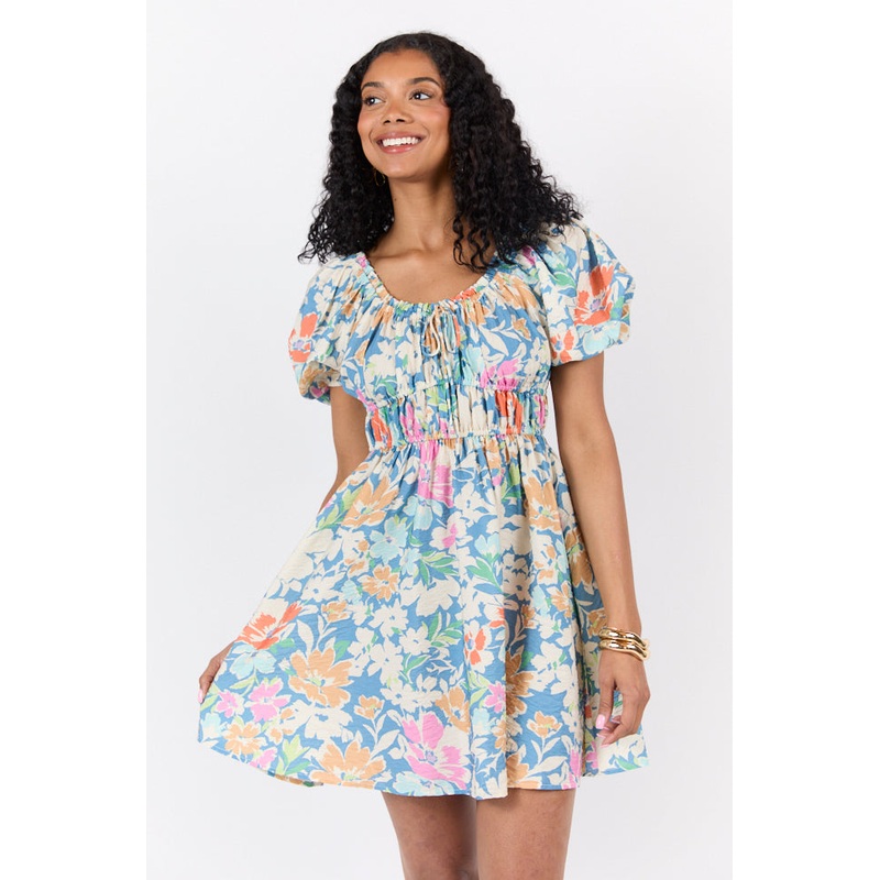Remember Me Teal Multi Floral Short Sleeve Mini Dress
