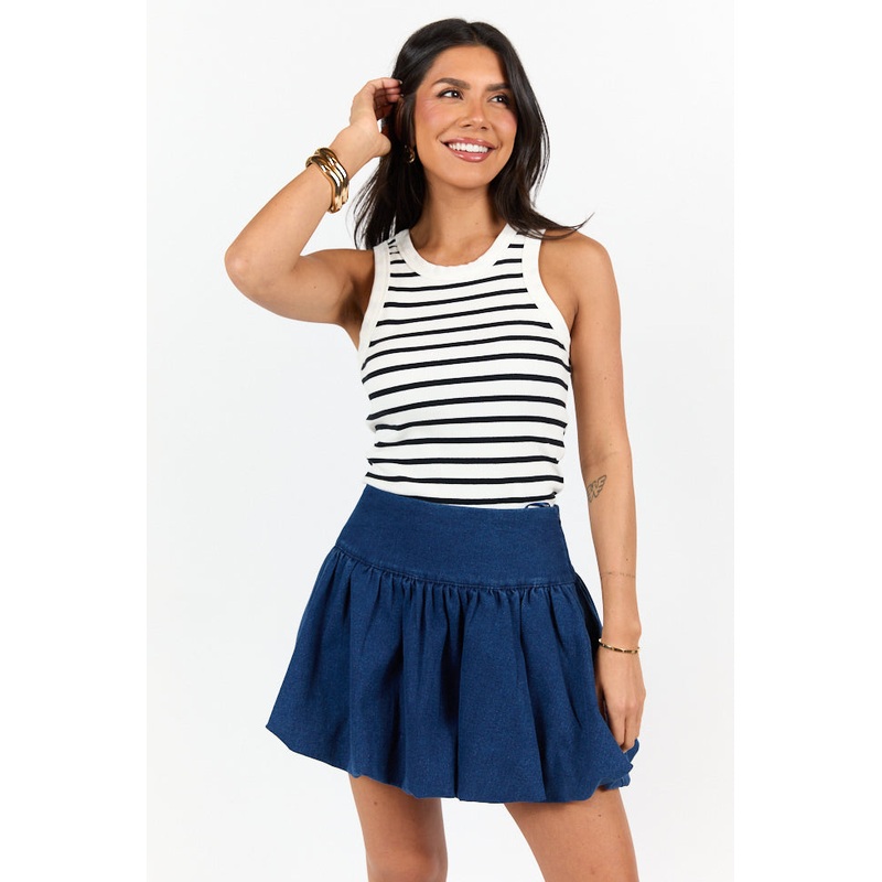 Simple Ivory and Black Ribbed Knit Stripe Tank